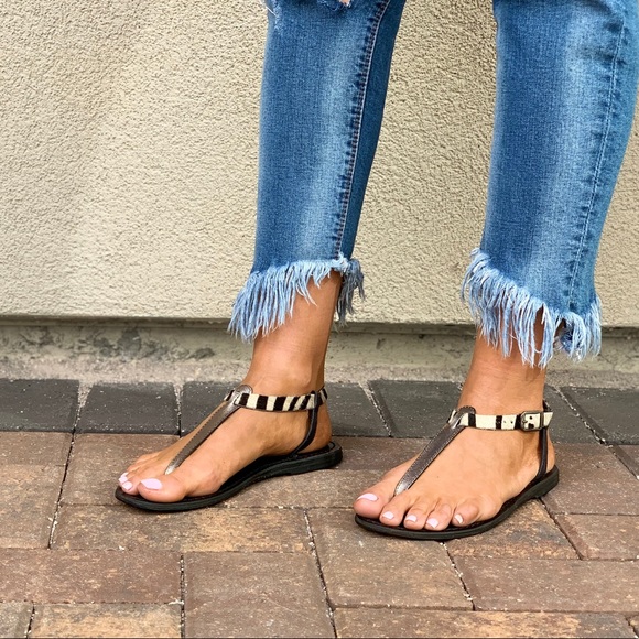 Last One!Leather Pony Hair Strap Distressed Sandal - Picture 6 of 8